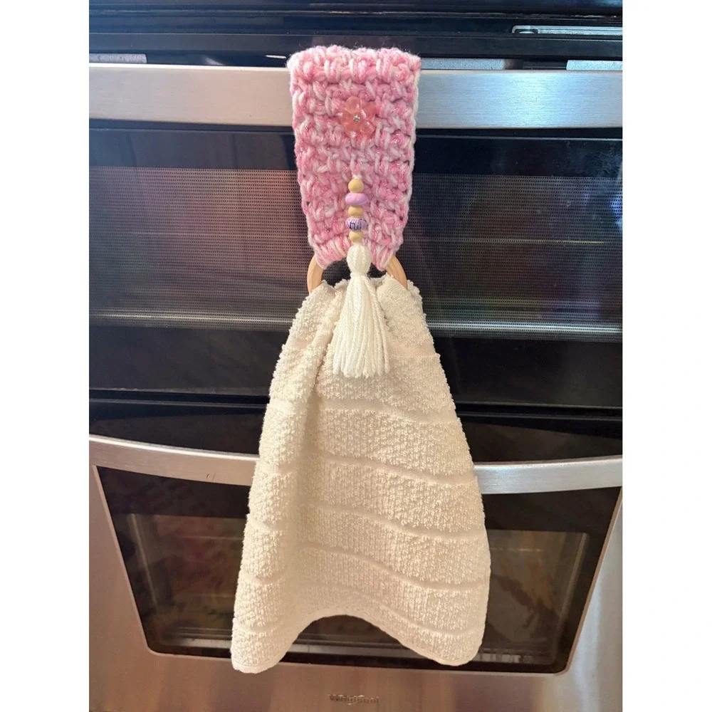 Crochet Handmade Kitchen Dish Towel Holder Pink with Button Wood Ring